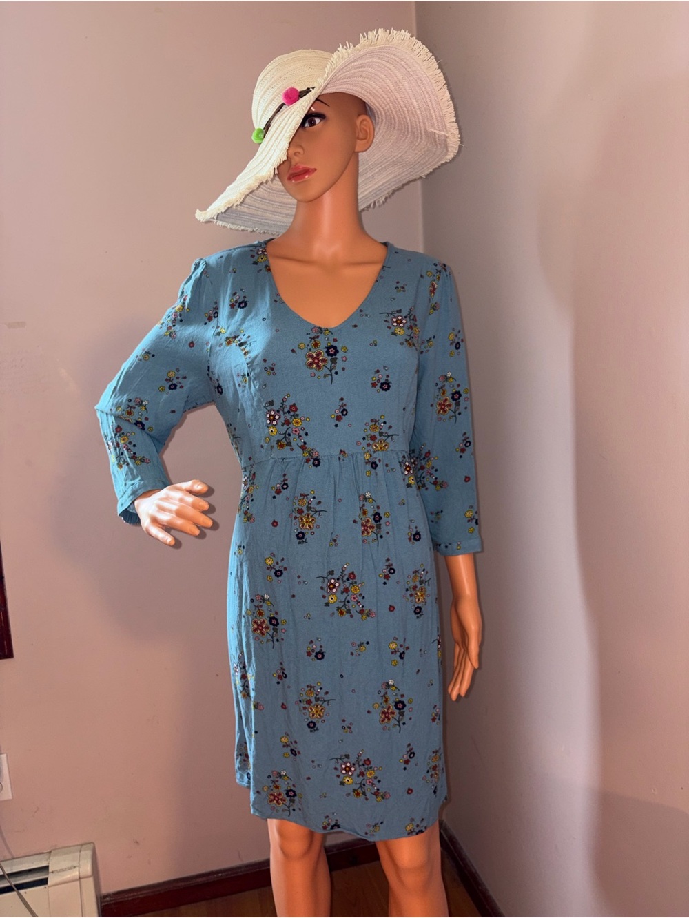 Boden Dusty Blue Floral V-Neck Midi Dress